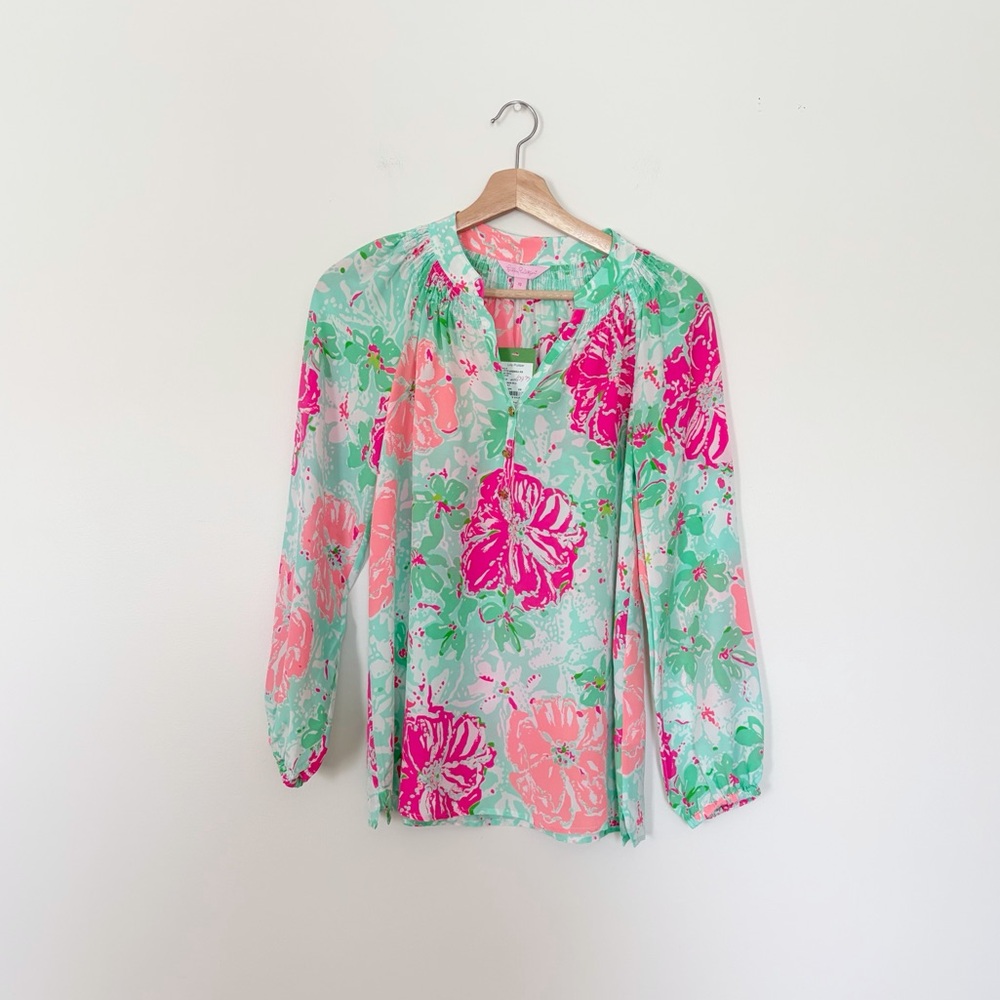 Lilly Pulitzer Elsa Top in Poolside Blue Beach Walk 100% Silk Size XS